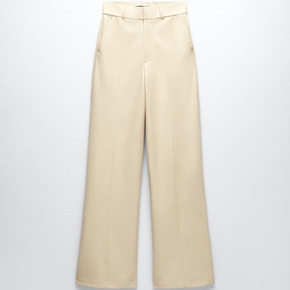 Zara Faux Leather Sophisticated Cream Wide Leg Pants 0 2